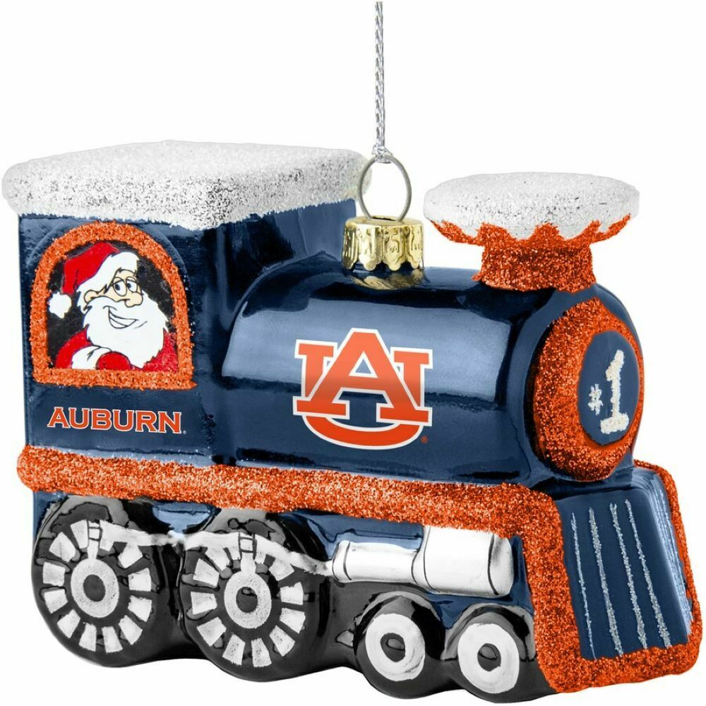 BB NCAA Auburn Tigers Blown Glass Santa Claus & Rudolph Train Ornament