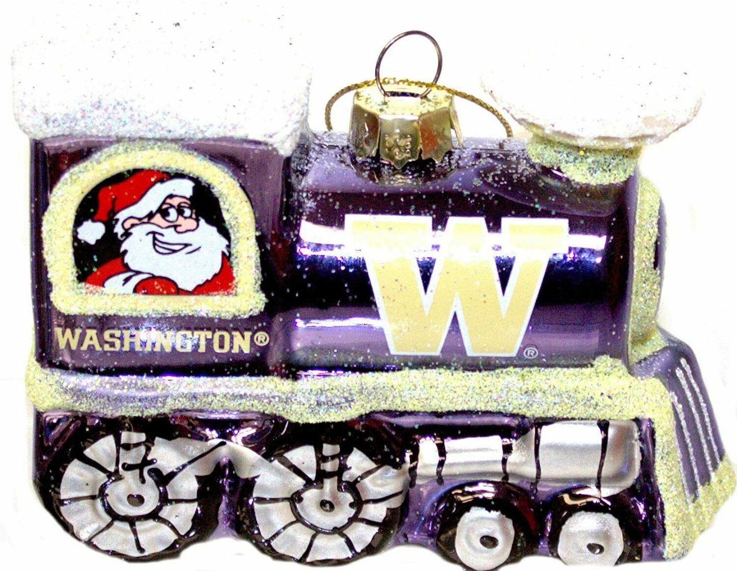 BB NCAA University of Washington Huskies Blown Glass Santa/Rudolph Train Ornament