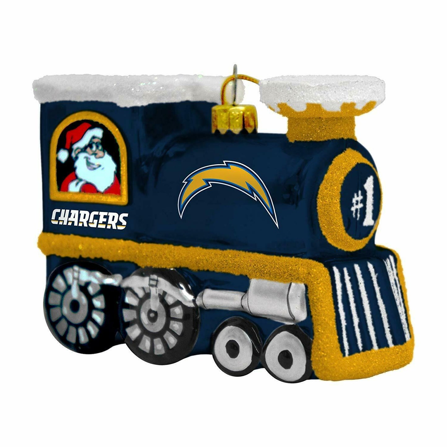 BB NFL Los Angeles Chargers Blown Glass Train Santa Claus & Rudolph Ornament