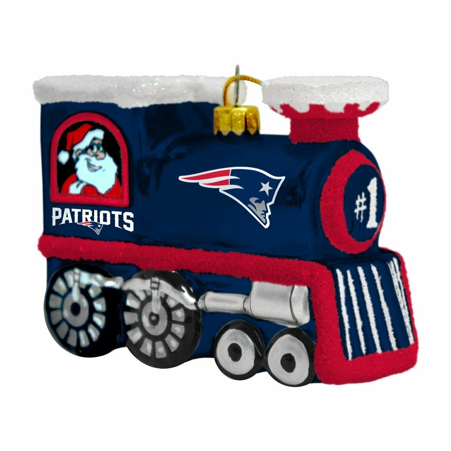 BB NFL New England Patriots Blown Glass Santa Clause & Rudolph Train Ornament