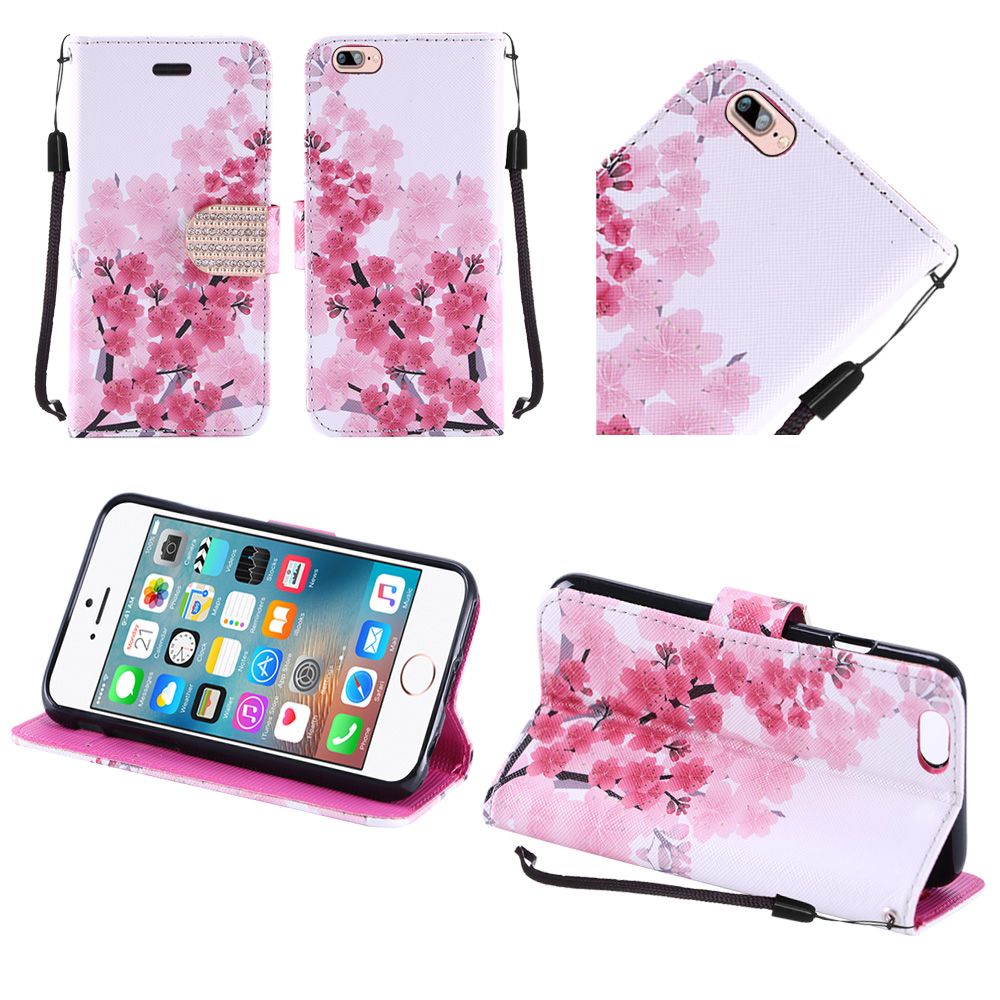 GSA Cherry Blossom Flip Wallet Case For iPhone SE(2020-22)/8/7/6/6S - Pink/White