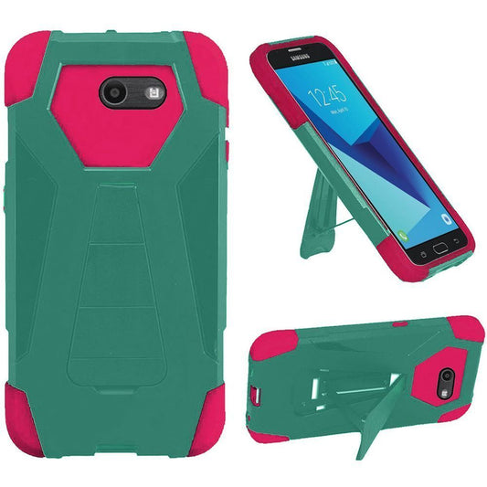 GSA Hexagon Hybrid Kickstand Case For Samsung Galaxy J7 (2016-17)/J727-Teal/Hot Pink