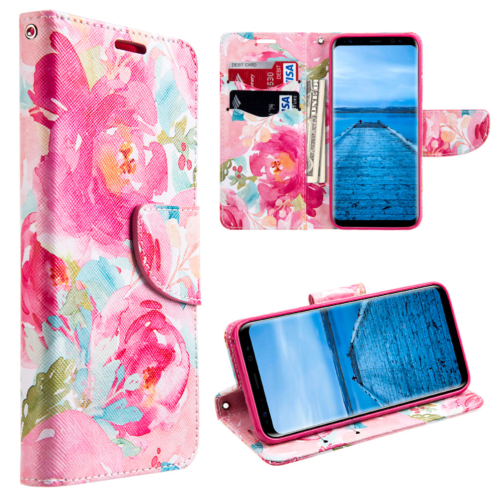 GSA Watercolor Flowers Flip Wallet Case For Samsung Galaxy S8 Plus - Pink