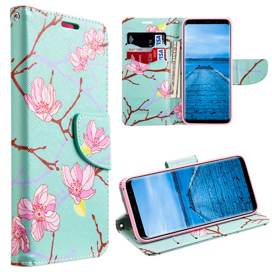 GSA Japanese Blossom Folio Flip Wallet Case For Samsung Galaxy S8 Plus -Teal/Pink