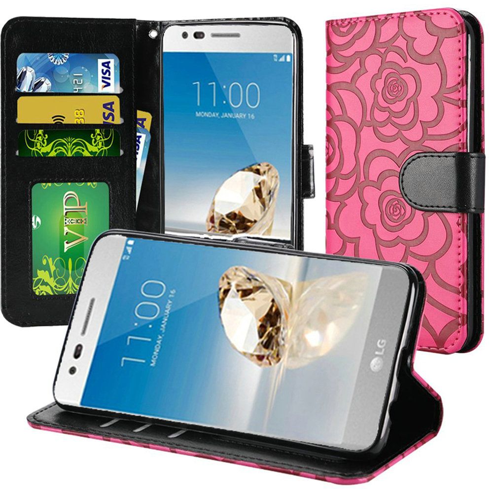 GSA Wallet Stand Leather Card Slot Wallet Flap Pouch Case For LG Aristo 2, 3 & 3 Plus, Hot Pink