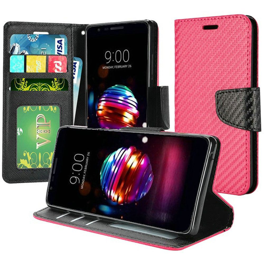 GSA Wallet Flip Textured Carbon Fiber For LG K10 2018, Phoenix Plus - Hot Pink
