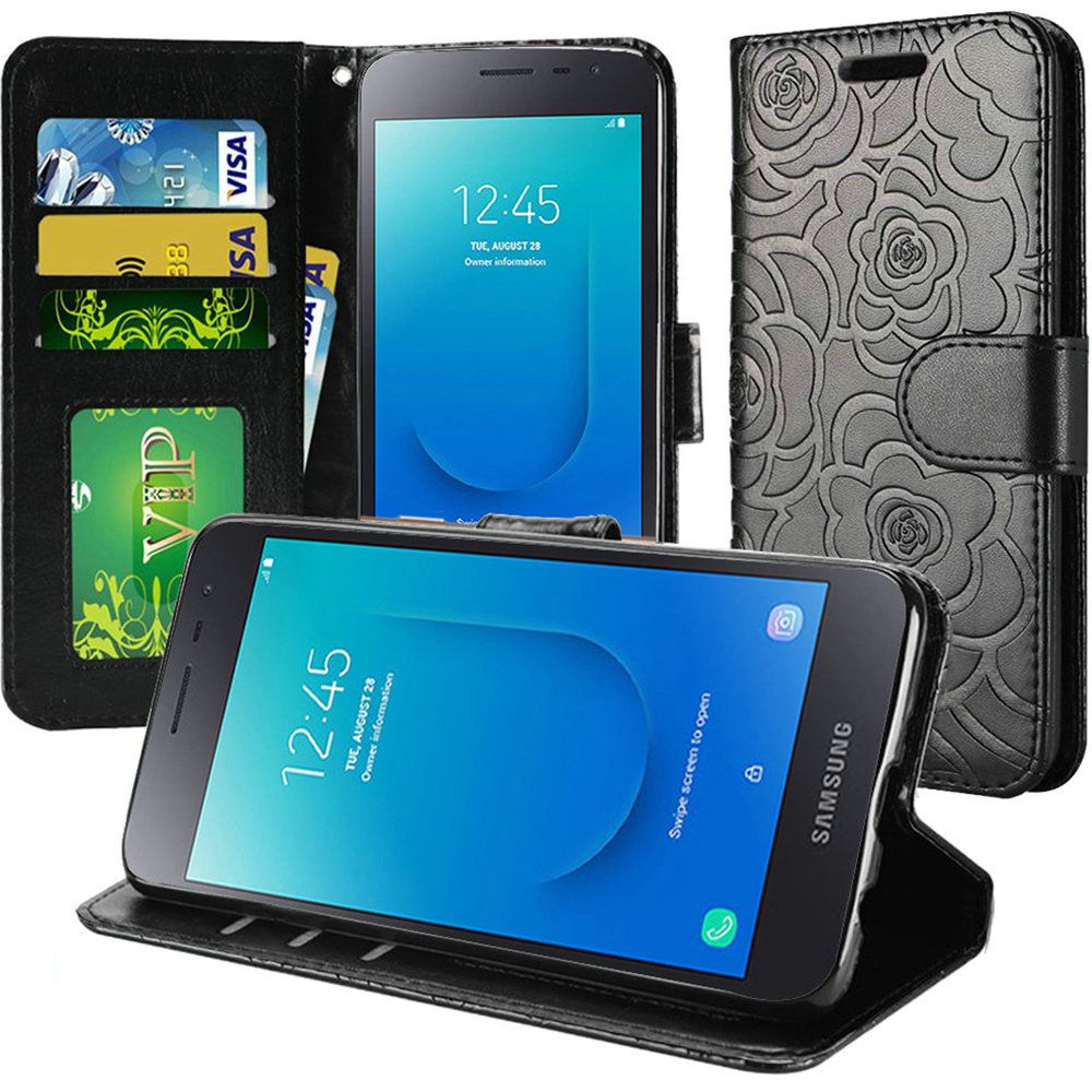 GSA Rose Textured Leather Wallet Case For Samsung Galaxy J2 Core - Black
