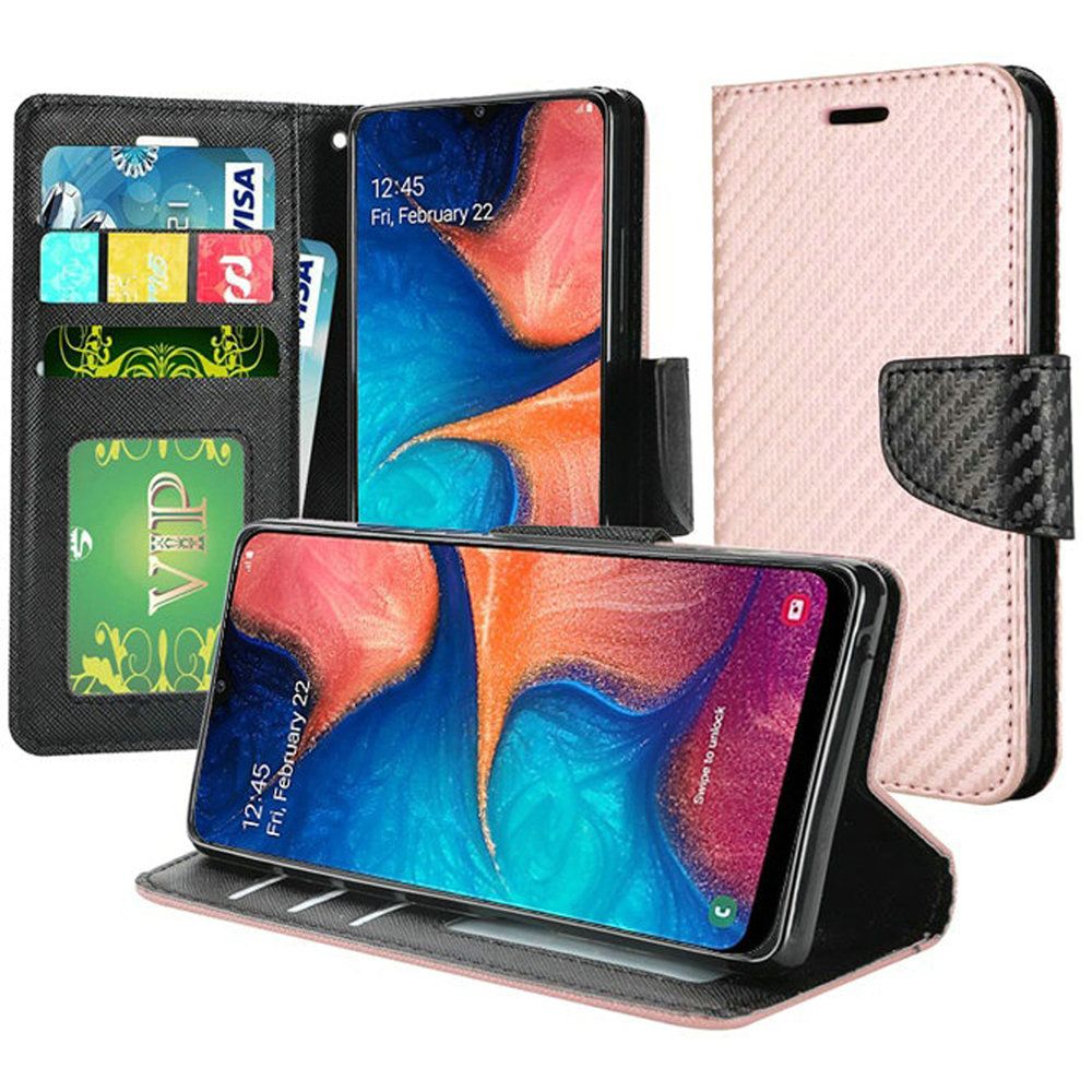 GSA Carbon Fiber Flip Wallet Case for Samsung Galaxy A20/A50 - Rose Gold