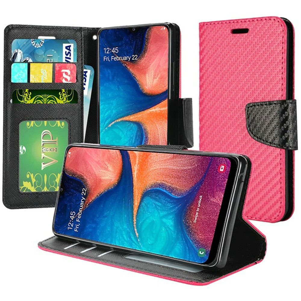 GSA Carbon Fiber Flip Wallet Case for Samsung Galaxy A20/A50 - Hot Pink