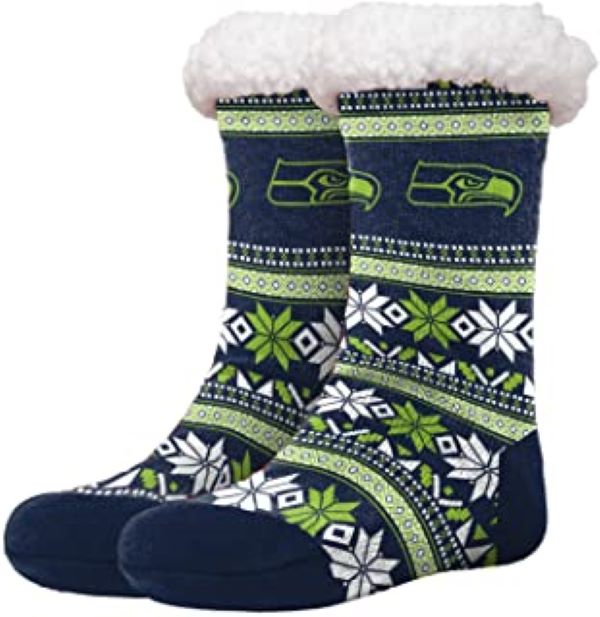 FOCO NFL Licensed Seattle Seahawks Fair Isle Footy Slippers Non-Skid Bottom