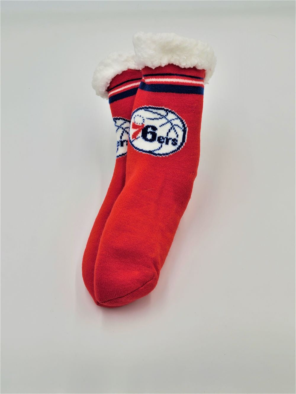 FOCO NBA Licensed Philadelphia 76ers Stripe Logo Footy Slippers Non-Slip Bottom