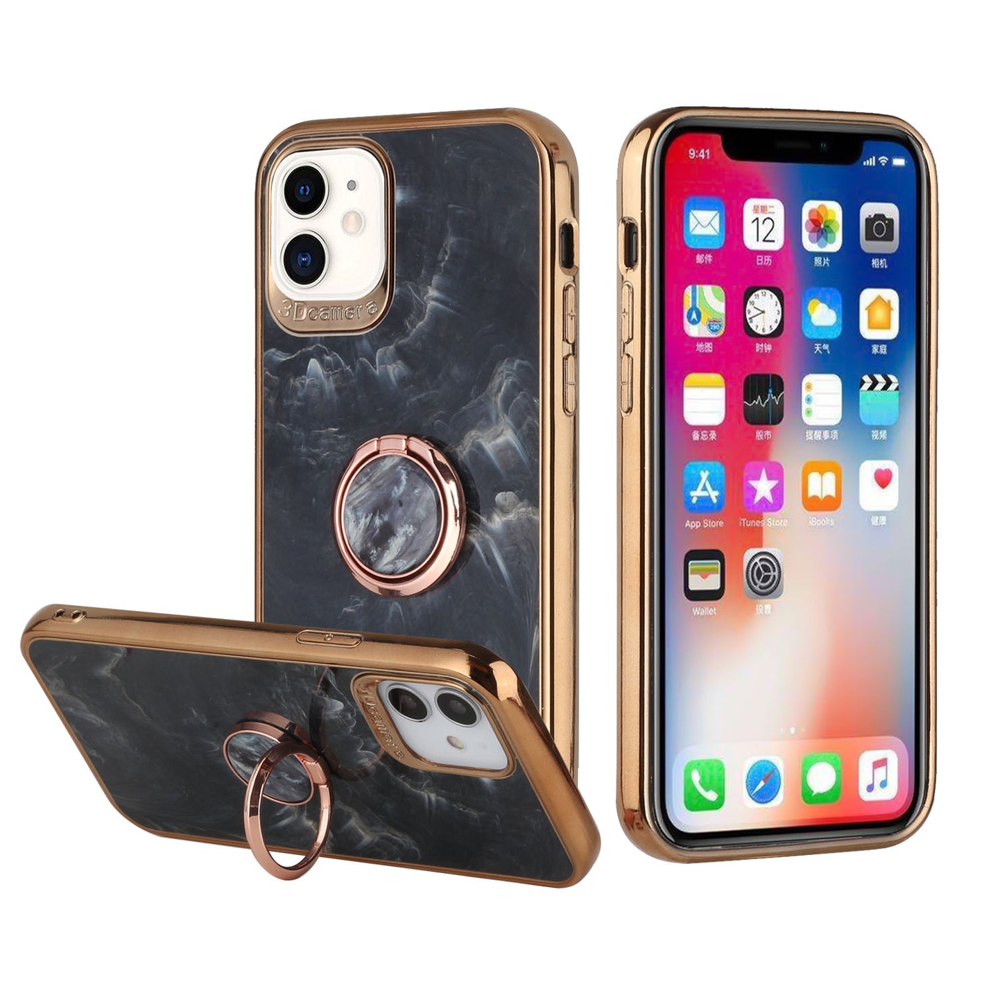 GSA Electroplated Marble Case w/Ring Stand for iPhone 13 (6.1") - Black