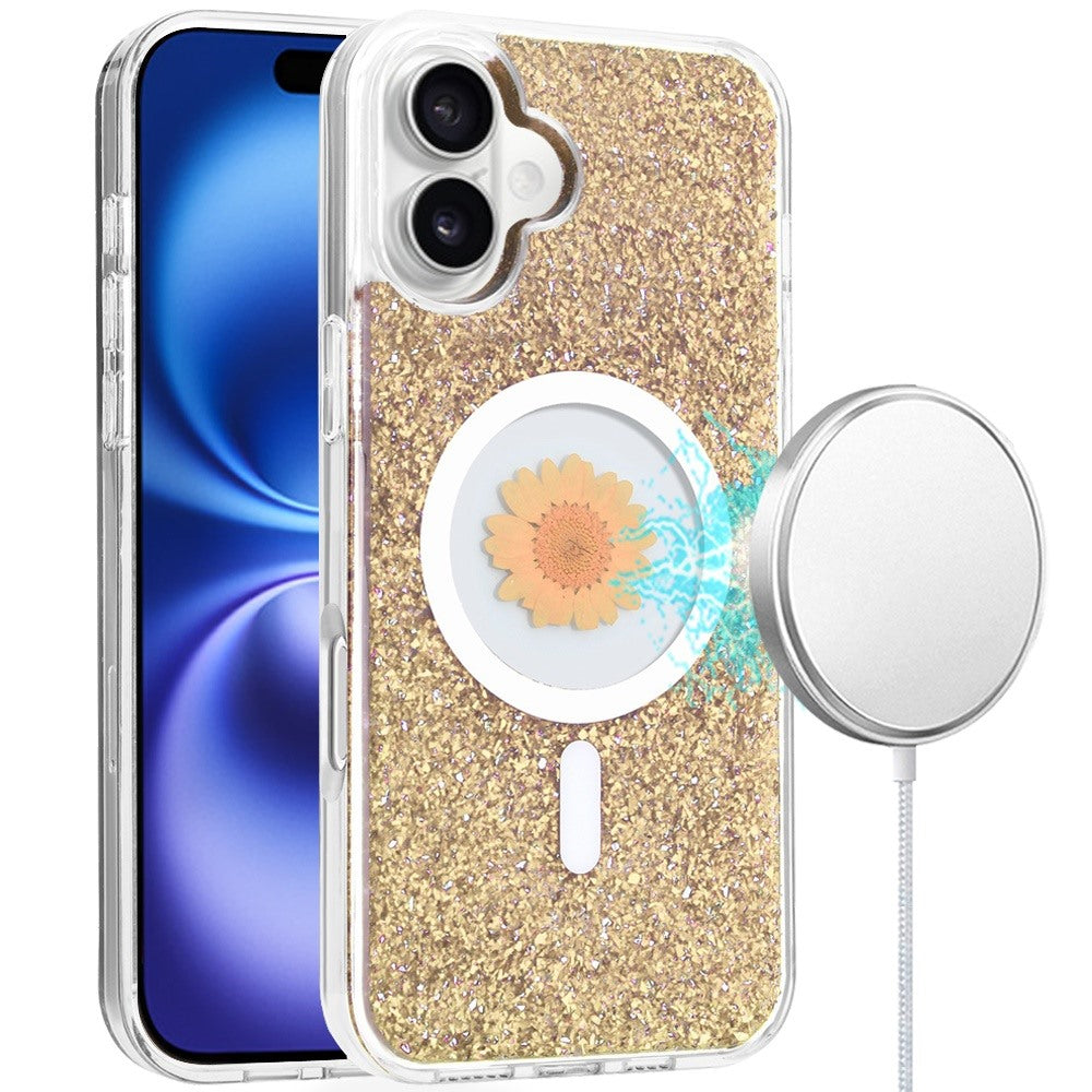 GSA iPhone 16 MagSafe - Flower Glitter Gold 6.1 screen