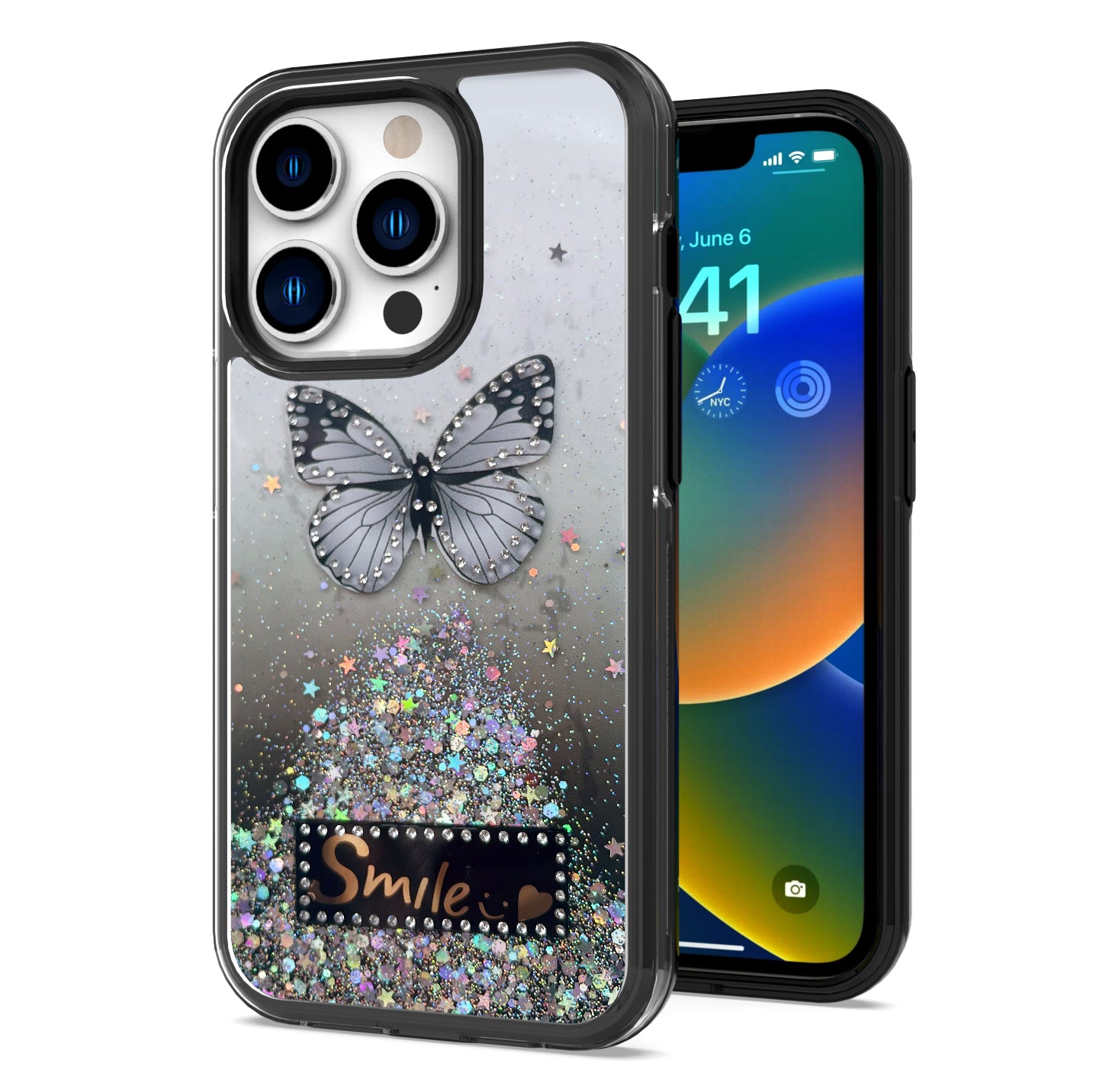 iP14Pro Happy Glitter Buttfly Bk