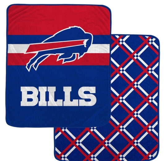PGS NFL Buffalo Bills Center Logo Half Stripe Diamond Sherpa Blanket 50x60
