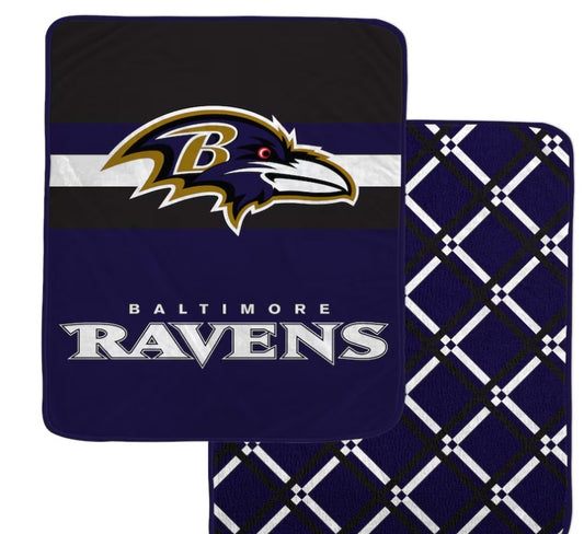 PGS NFL Baltimore Ravens Center Logo Half Stripe Diamond Sherpa Blanket 50x60