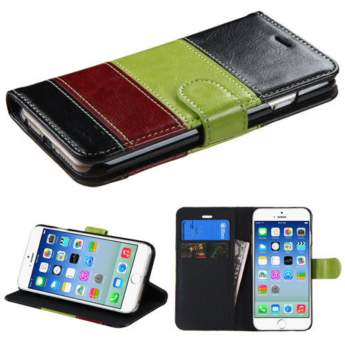 MyBat Leather Flip Wallet Case For iPhone 6 and 6s - Black/Green/Red