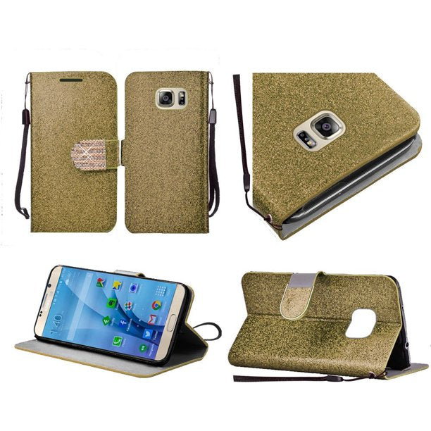 GSA Glitter Bling Flip Wallet Case For Samsung Galaxy S7 - Gold