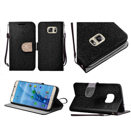 GSA Glitter Bling Flip Wallet Case For Samsung Galaxy S7 - Black