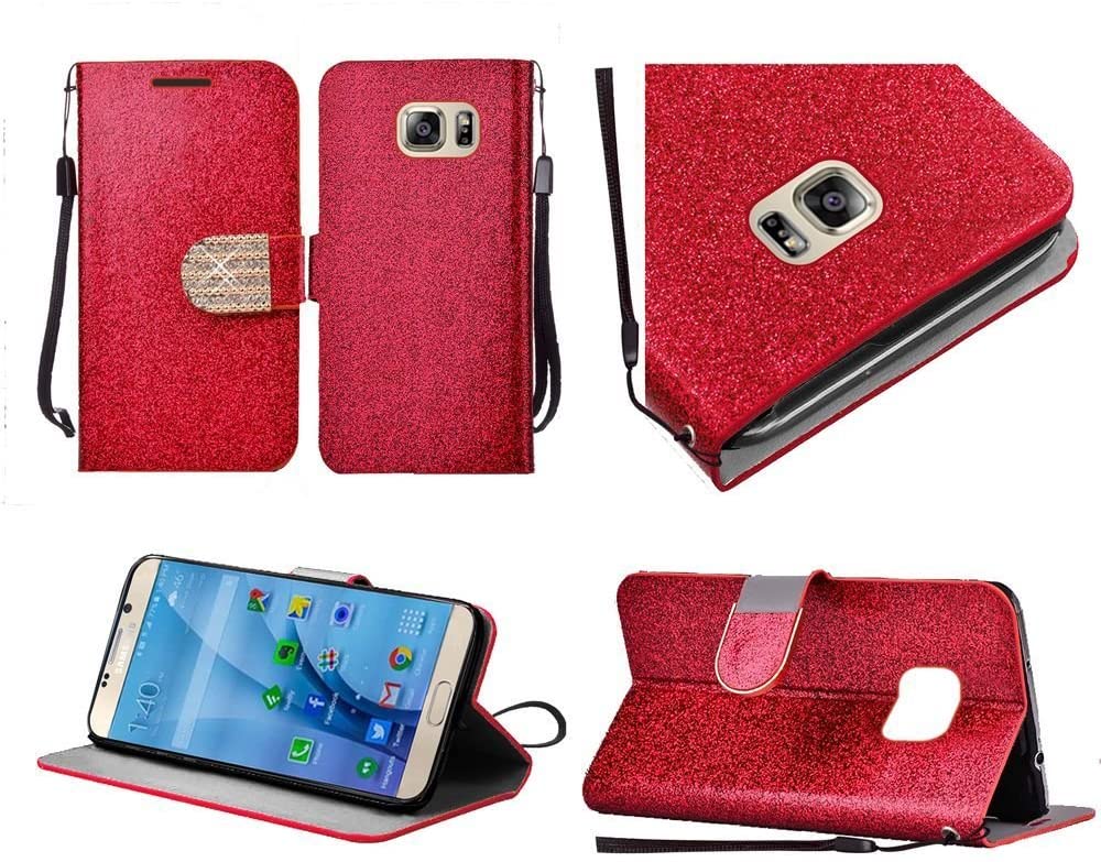 GSA Glitter Bling Belt Flip Wallet Case For Samsung Galaxy S7 - Red