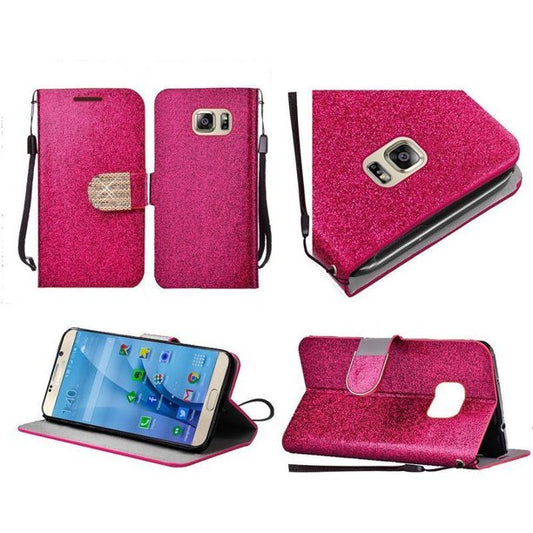 GSA Glitter Bling Flip Wallet Case For Samsung Galaxy S7 - Hot Pink