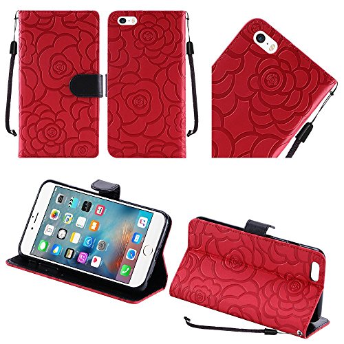 GSA Roses Folio Flip Leather Wallet For iPhone 6 Plus, 6s Plus (5.5") Red Black