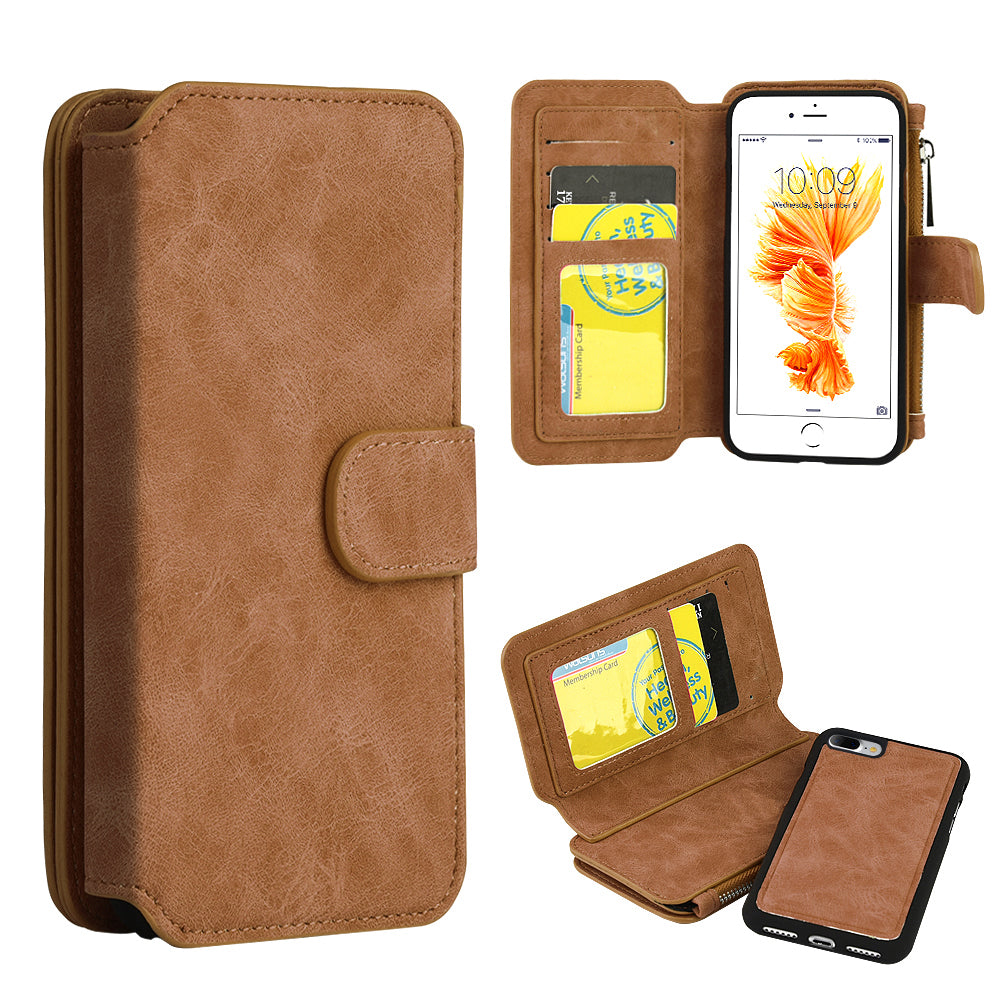 GSA Luxury Folio Flip Leather Wallet Case for iPhone 8 Plus/7 Plus - Brown