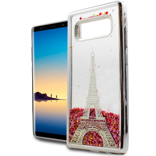 GSA Liquid Glitter Image Eifel Tower Paris For Samsung Galaxy Note 8 Silver Pink