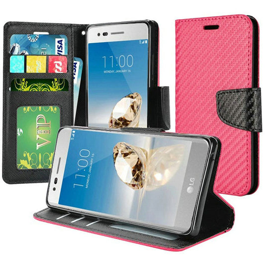 GSA Carbon Fiber Wallet Credit Card Stand For LG Aristo 2, 3 & 3 Plus Hot Pink