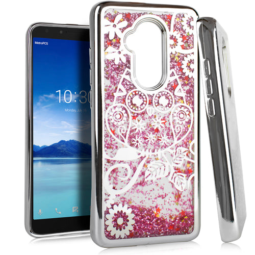 GSA Liquid Glitter Bling Owl Case For Alcatel 7 Folio - Silver/Pink
