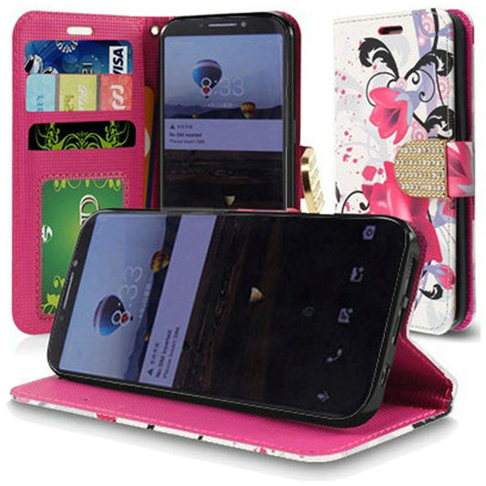 GSA Bling Flip Credit Card Wallet Case for Alcatel 7 Folio, 6062w Purple Lily
