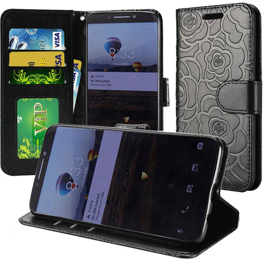 GSA Wallet Flip Credit Card Case for Alcatel 7 Folio, 6062W Rose Flower Black
