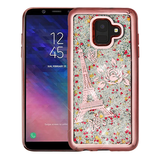 GSA Quicksand Glitter Case For Samsung Galaxy A6, A600 - Rose Gold Electroplating Eiffel Tower Silver Confetti