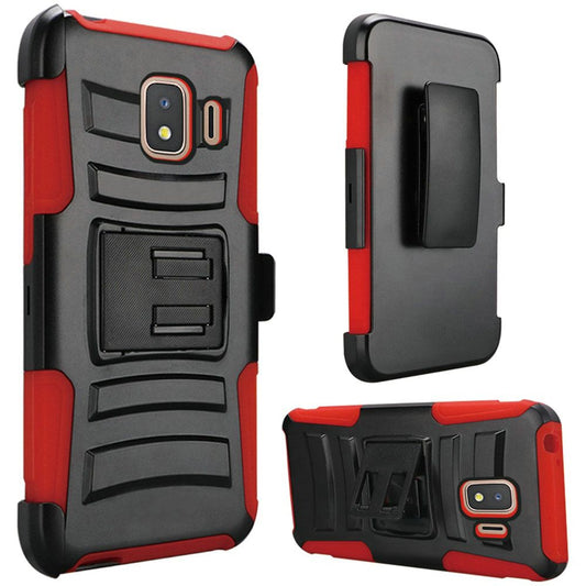 GSA Armor Hybrid Kickstand Case w/Holster For Samsung Galaxy J2 Core - Black/Red