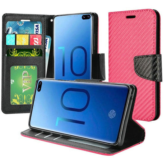 GSA Carbon Fiber Flip Wallet Case for Samsung Galaxy S10 Plus (6.4") Hot Pink