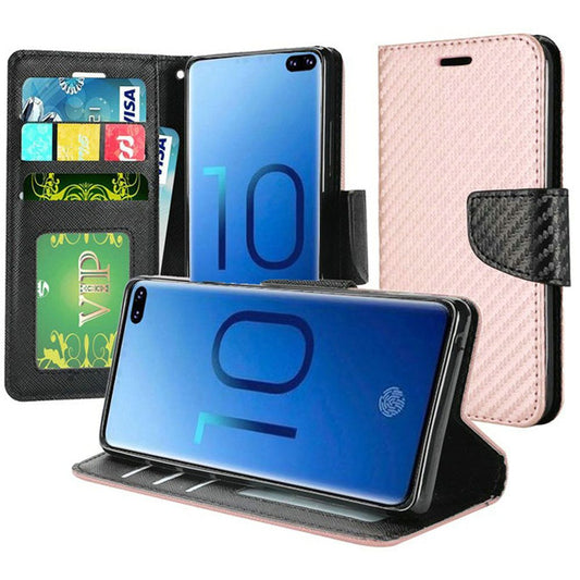 GSA Carbon Fiber Flip Wallet Case for Samsung Galaxy S10 Plus (6.4") - Rose Gold