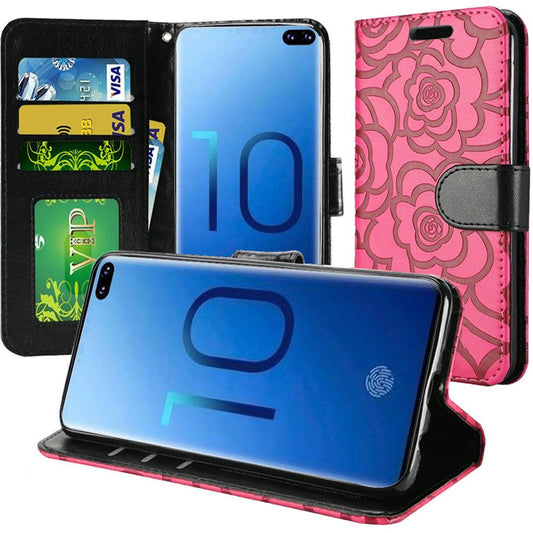 GSA Rose Embossed Flip Wallet Case for Samsung Galaxy S10 Plus( 6.4") Hot Pink