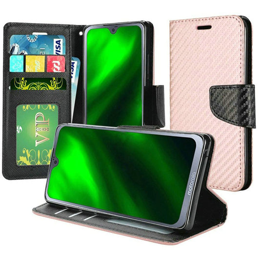 GSA Carbon Fiber Wallet for Moto G7 Power, G7 Supra Rose Gold Black