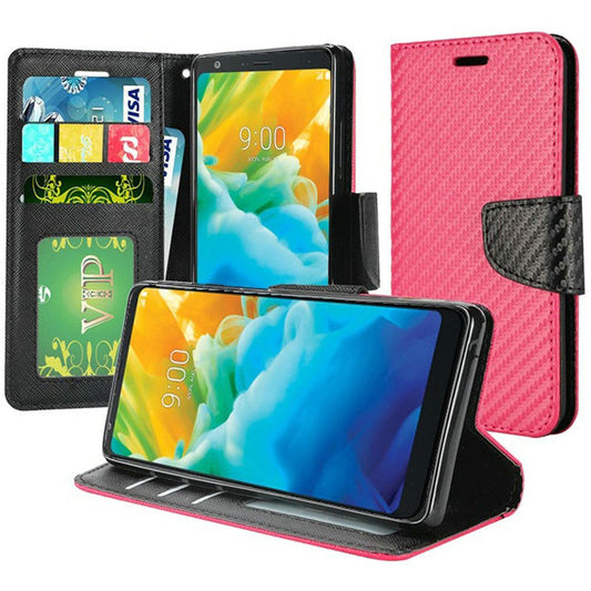 GSA Textured Carbon Fiber Flip Wallet Case For LG Stylo 5 - Hot Pink Black