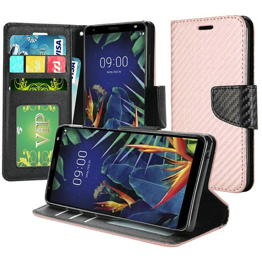 GSA Carbon Fiber Flip Wallet Case for LG K40, Harmony 3 - Rose Gold/Black
