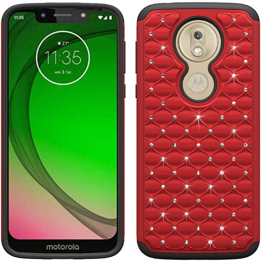 GSA Studded Rhinestone Hybrid Case for Moto G7 Play - Red/Black