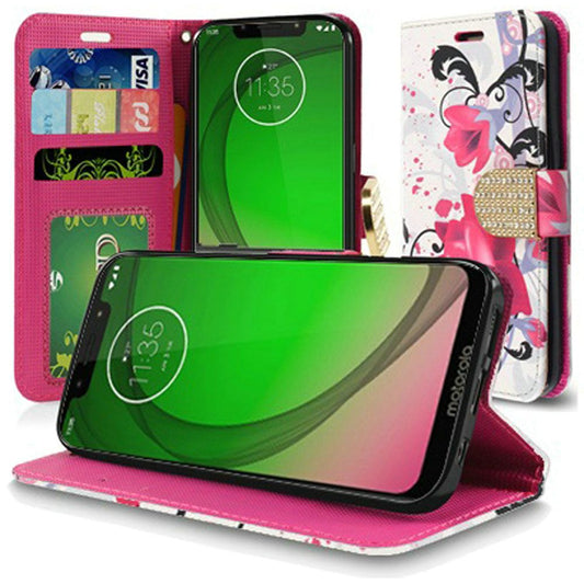 GSA Leather Flip Wallet Case for Motorola Moto G7 Play, XT1952 Purple Lily