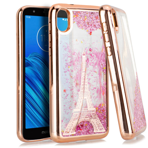 GSA Liquid Glitter Eiffel Tower Case for Motorola Moto E6 - Rose Gold
