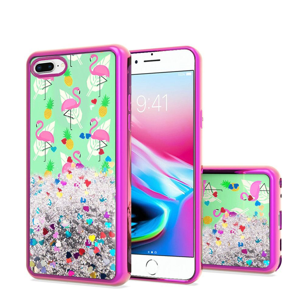 GSA Liquid Glitter Flamingo Pineapple Feather Case for iPhone 8 Plus & 7 Plus (5.5") Pink