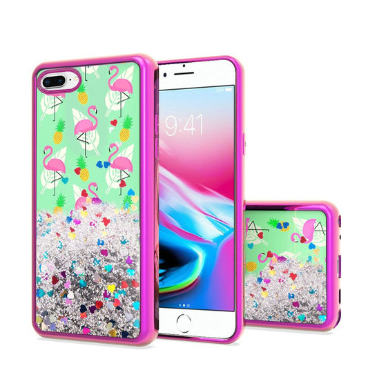 GSA Liquid Glitter Flamingo Pineapple Feather Case for iPhone 8 Plus & 7 Plus (5.5") Pink
