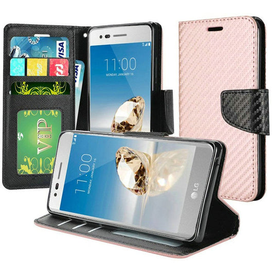 GSA Wallet Credit Card Stand For LG Aristo 2, 3, 3 Plus Rose Gold Carbon Fiber