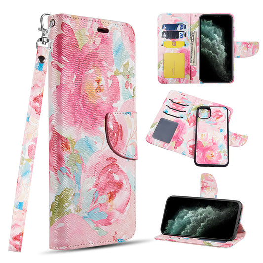 GSA Detachable Fashion Flip Wallet Case for iPhone 11 Pro (5.8") - Pink Flowers