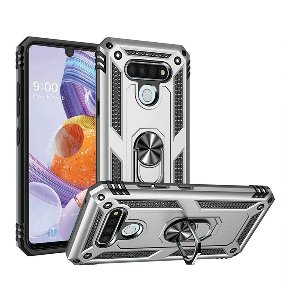 GSA Slim Shockproof Hybrid Case W/Ring Stand For LG Stylo 6 - Silver/Black