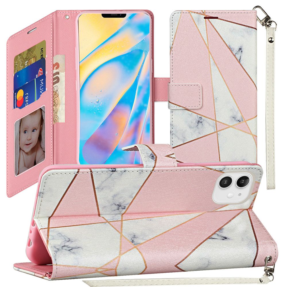GSA Fashion Wallet Strap For Apple iPhone 12 Mini (5.4") Pink & White Marble