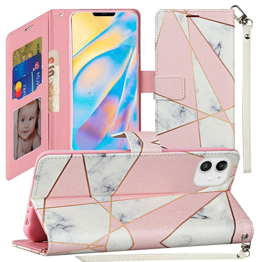 GSA Fashion Wallet Strap For Apple iPhone 12 Mini (5.4") Pink & White Marble
